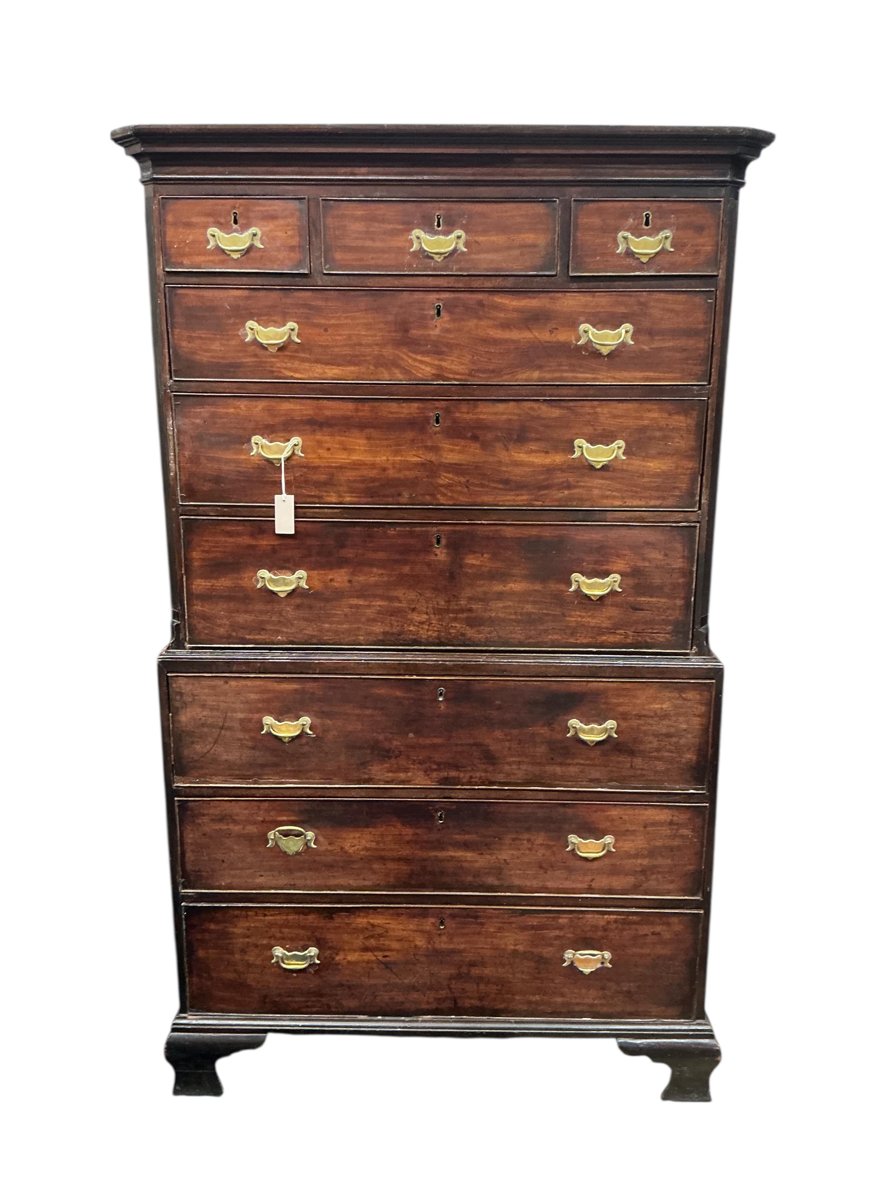 A George III mahogany chest on chest, width 112cm, depth 54cm, height 187cm